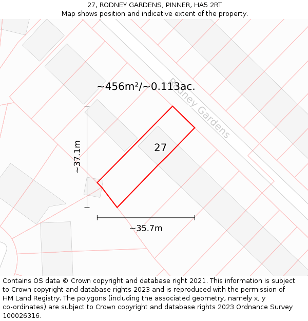 27, RODNEY GARDENS, PINNER, HA5 2RT: Plot and title map