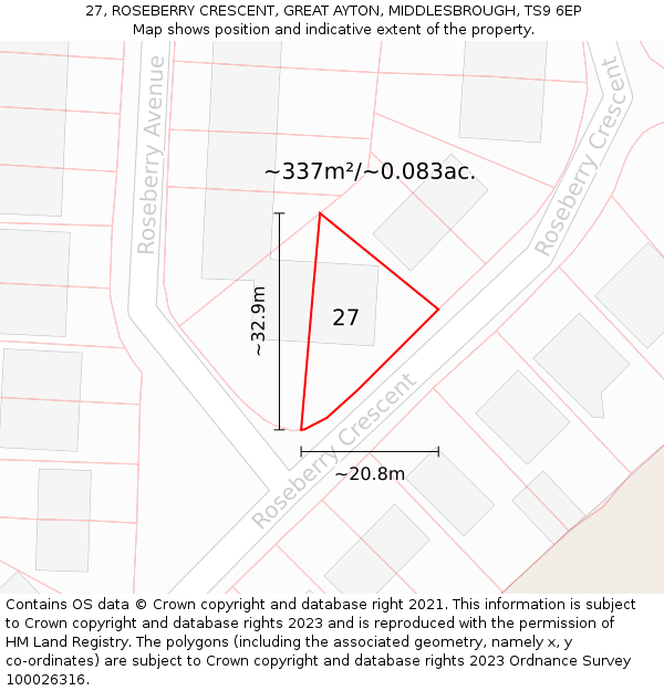 27, ROSEBERRY CRESCENT, GREAT AYTON, MIDDLESBROUGH, TS9 6EP: Plot and title map