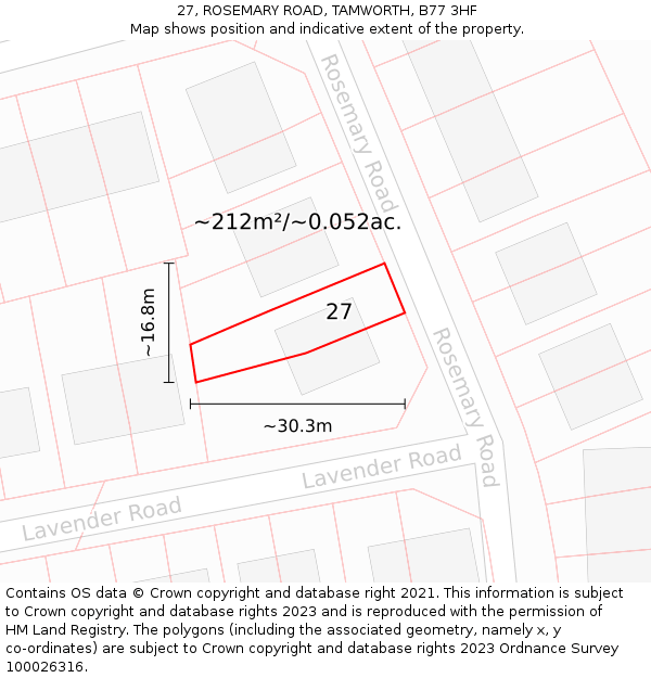 27, ROSEMARY ROAD, TAMWORTH, B77 3HF: Plot and title map