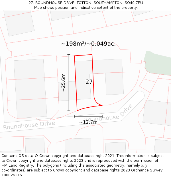 27, ROUNDHOUSE DRIVE, TOTTON, SOUTHAMPTON, SO40 7EU: Plot and title map