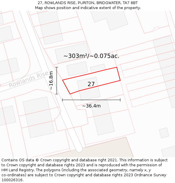 27, ROWLANDS RISE, PURITON, BRIDGWATER, TA7 8BT: Plot and title map