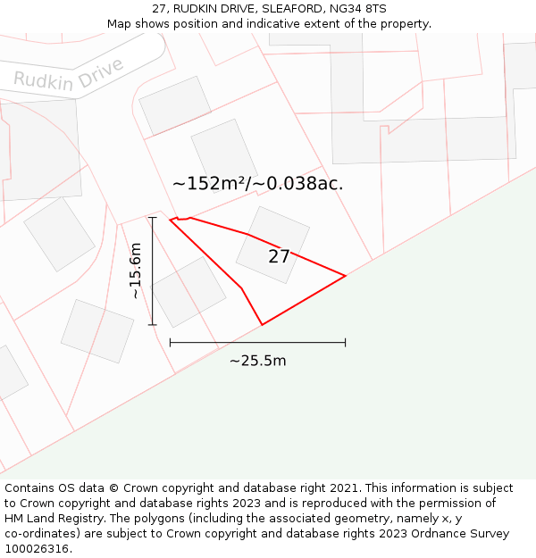 27, RUDKIN DRIVE, SLEAFORD, NG34 8TS: Plot and title map