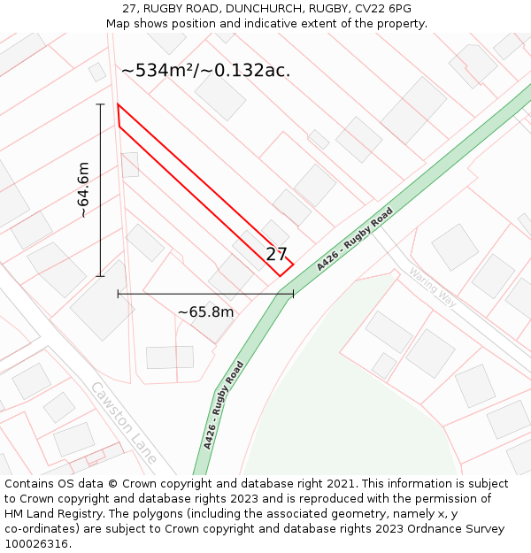 27, RUGBY ROAD, DUNCHURCH, RUGBY, CV22 6PG: Plot and title map
