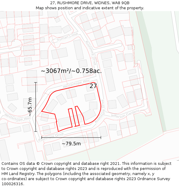 27, RUSHMORE DRIVE, WIDNES, WA8 9QB: Plot and title map