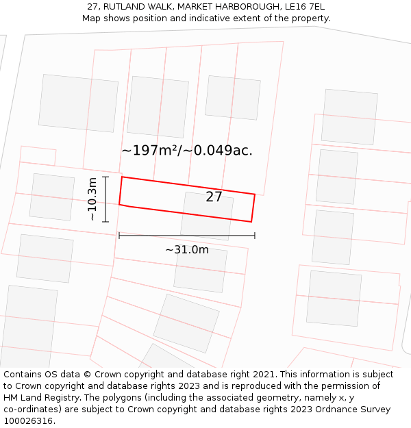 27, RUTLAND WALK, MARKET HARBOROUGH, LE16 7EL: Plot and title map
