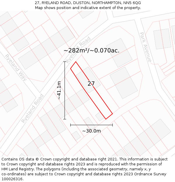 27, RYELAND ROAD, DUSTON, NORTHAMPTON, NN5 6QG: Plot and title map