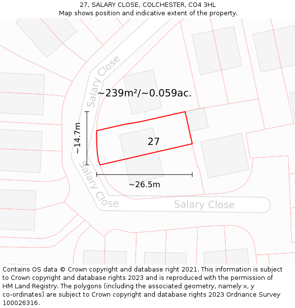 27, SALARY CLOSE, COLCHESTER, CO4 3HL: Plot and title map