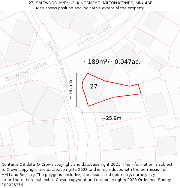 27, SALTWOOD AVENUE, KINGSMEAD, MILTON KEYNES, MK4 4AF: Plot and title map