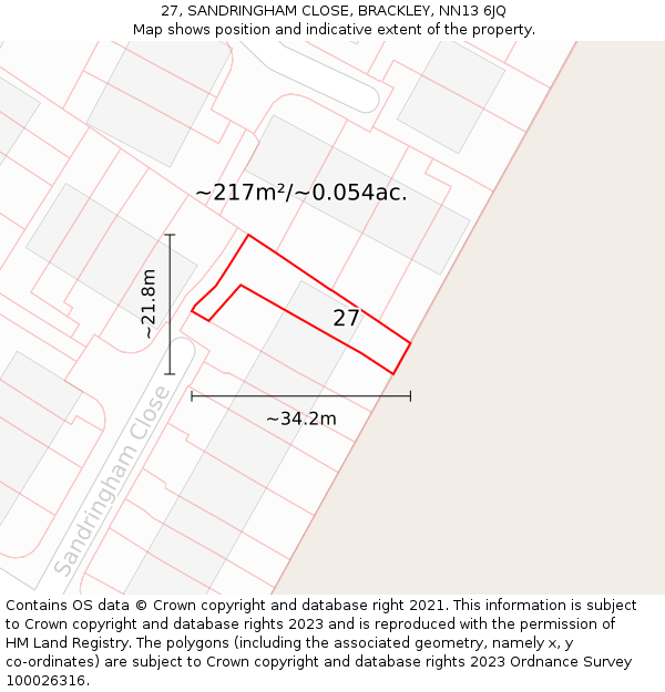 27, SANDRINGHAM CLOSE, BRACKLEY, NN13 6JQ: Plot and title map