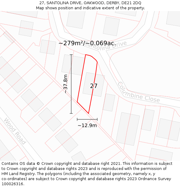 27, SANTOLINA DRIVE, OAKWOOD, DERBY, DE21 2DQ: Plot and title map