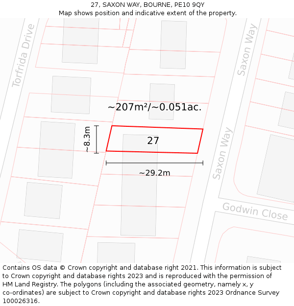 27, SAXON WAY, BOURNE, PE10 9QY: Plot and title map