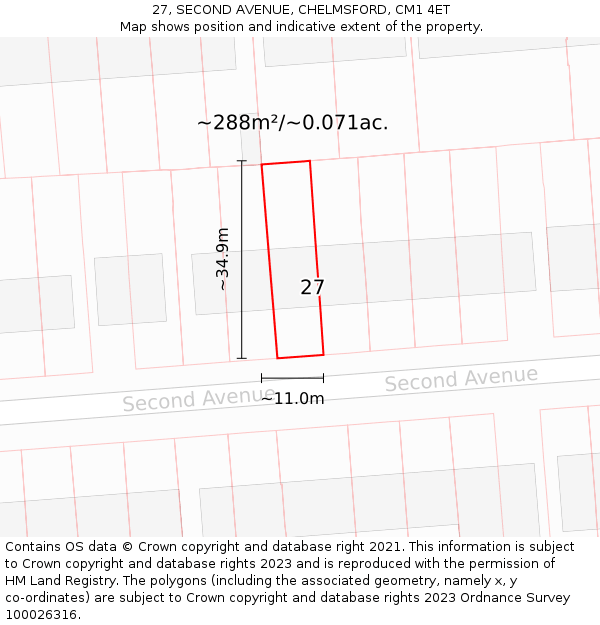 27, SECOND AVENUE, CHELMSFORD, CM1 4ET: Plot and title map