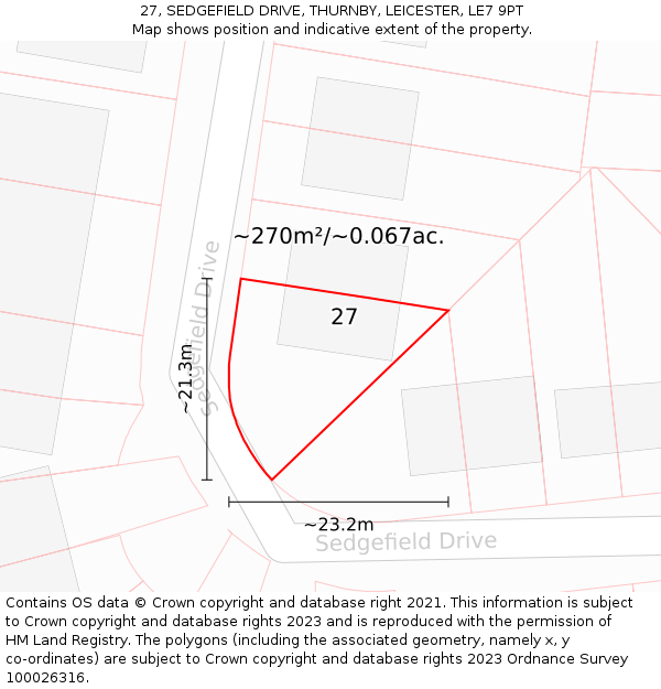 27, SEDGEFIELD DRIVE, THURNBY, LEICESTER, LE7 9PT: Plot and title map