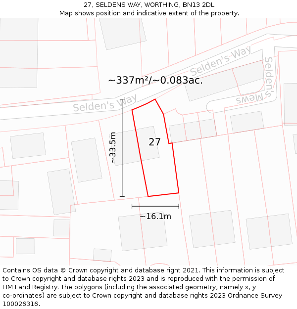 27, SELDENS WAY, WORTHING, BN13 2DL: Plot and title map