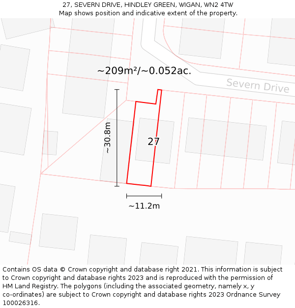 27, SEVERN DRIVE, HINDLEY GREEN, WIGAN, WN2 4TW: Plot and title map