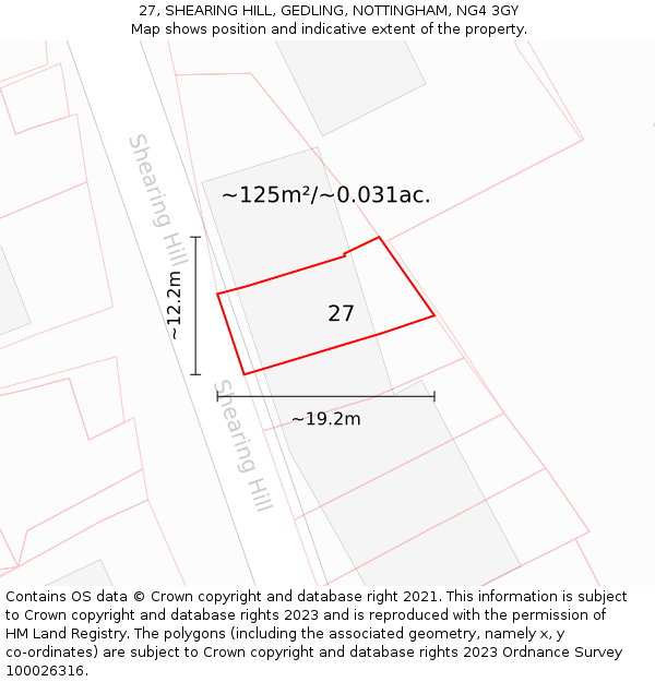 27, SHEARING HILL, GEDLING, NOTTINGHAM, NG4 3GY: Plot and title map