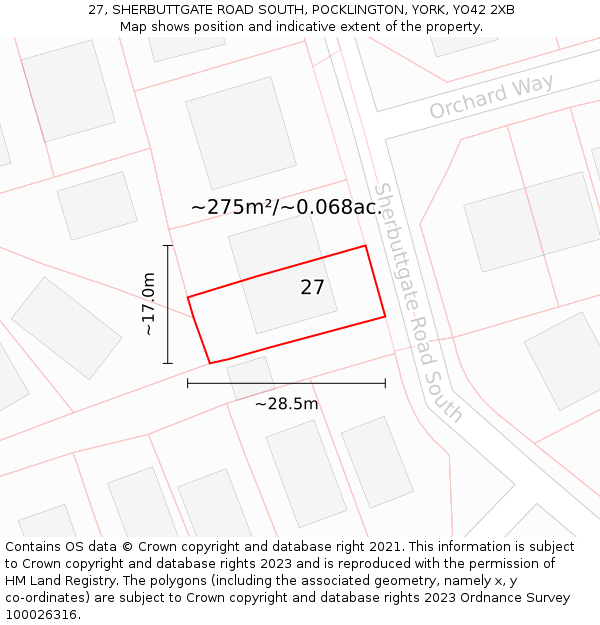 27, SHERBUTTGATE ROAD SOUTH, POCKLINGTON, YORK, YO42 2XB: Plot and title map