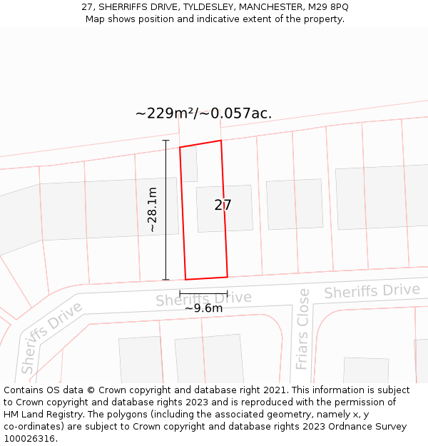 27, SHERRIFFS DRIVE, TYLDESLEY, MANCHESTER, M29 8PQ: Plot and title map