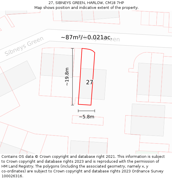 27, SIBNEYS GREEN, HARLOW, CM18 7HP: Plot and title map