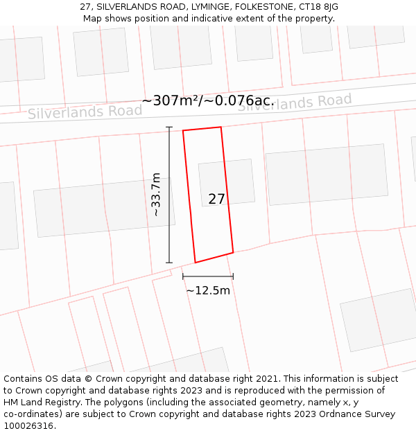 27, SILVERLANDS ROAD, LYMINGE, FOLKESTONE, CT18 8JG: Plot and title map