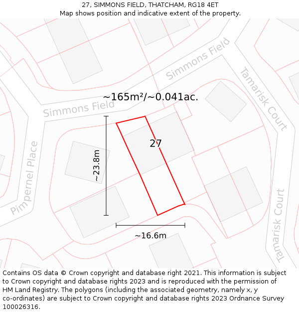 27, SIMMONS FIELD, THATCHAM, RG18 4ET: Plot and title map