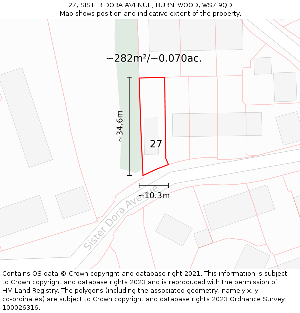 27, SISTER DORA AVENUE, BURNTWOOD, WS7 9QD: Plot and title map