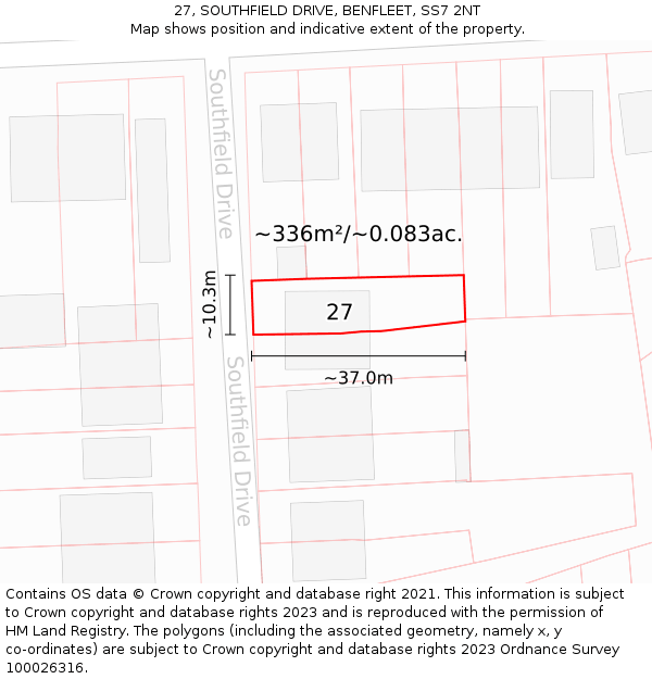 27, SOUTHFIELD DRIVE, BENFLEET, SS7 2NT: Plot and title map