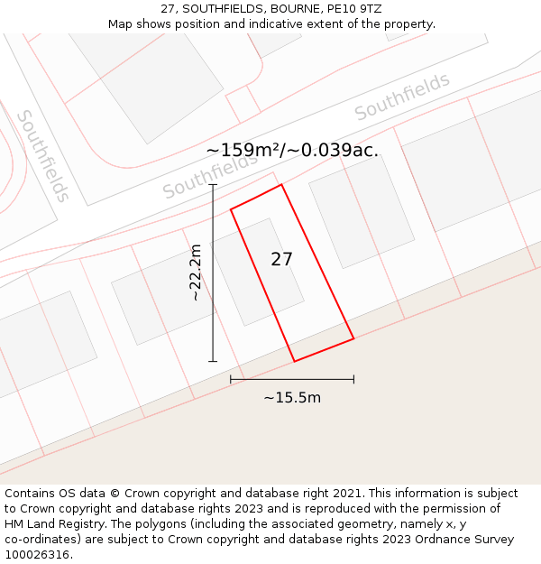 27, SOUTHFIELDS, BOURNE, PE10 9TZ: Plot and title map