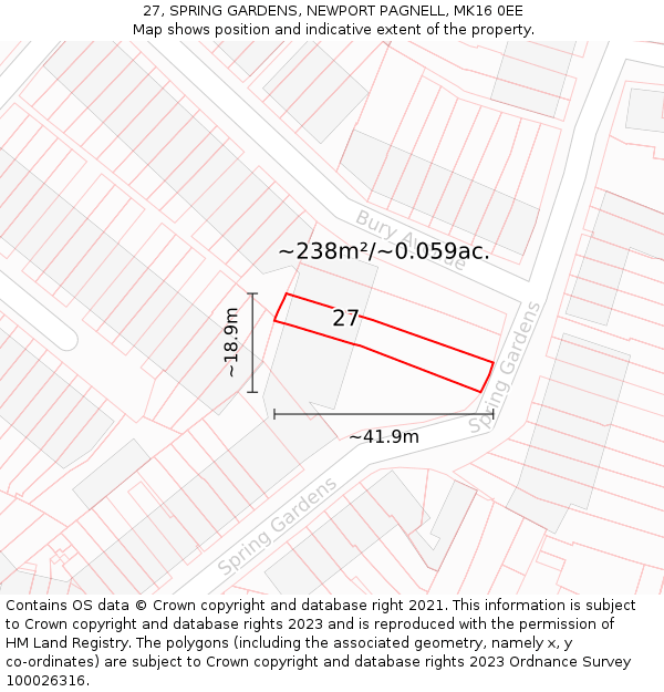 27, SPRING GARDENS, NEWPORT PAGNELL, MK16 0EE: Plot and title map