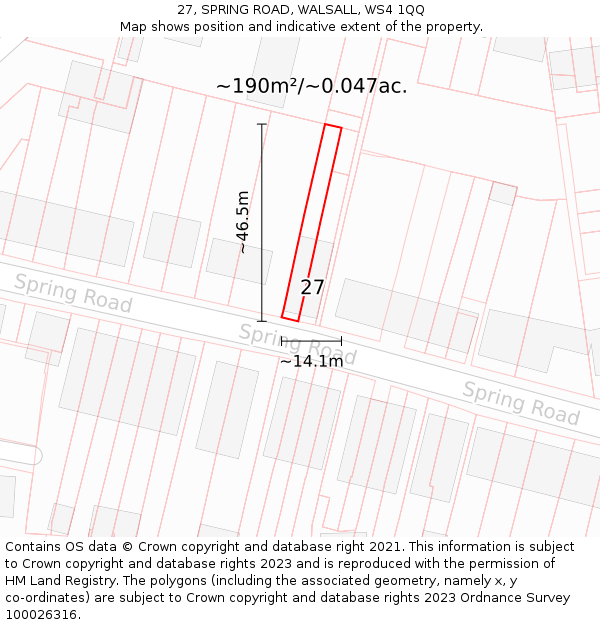 27, SPRING ROAD, WALSALL, WS4 1QQ: Plot and title map