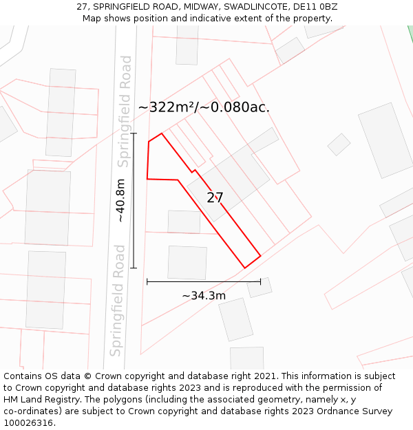 27, SPRINGFIELD ROAD, MIDWAY, SWADLINCOTE, DE11 0BZ: Plot and title map