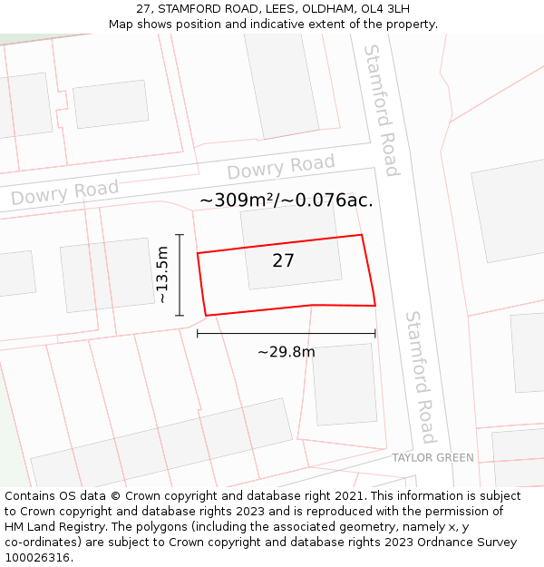 27, STAMFORD ROAD, LEES, OLDHAM, OL4 3LH: Plot and title map