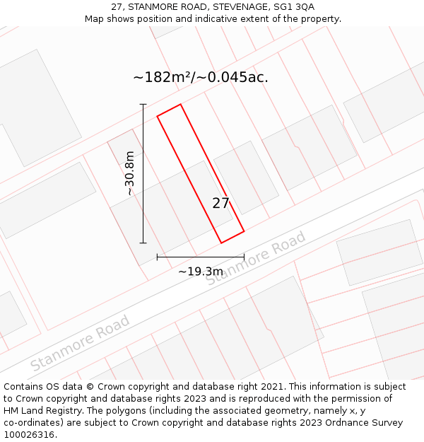 27, STANMORE ROAD, STEVENAGE, SG1 3QA: Plot and title map