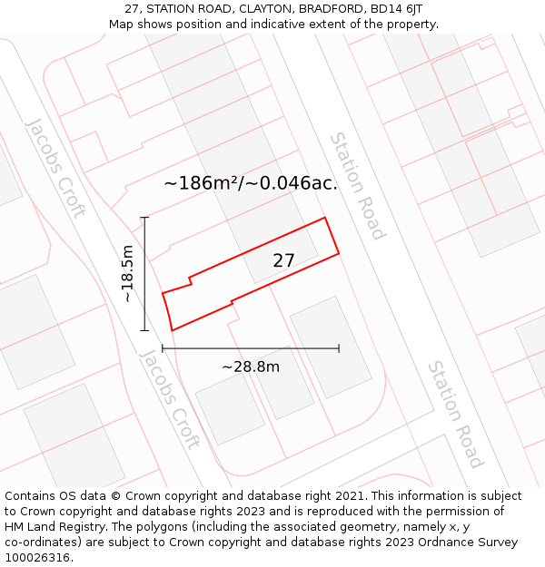 27, STATION ROAD, CLAYTON, BRADFORD, BD14 6JT: Plot and title map