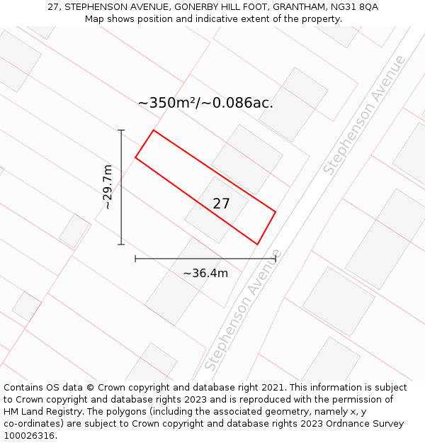 27, STEPHENSON AVENUE, GONERBY HILL FOOT, GRANTHAM, NG31 8QA: Plot and title map