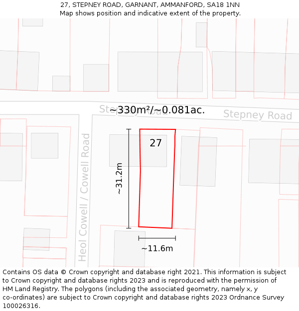 27, STEPNEY ROAD, GARNANT, AMMANFORD, SA18 1NN: Plot and title map