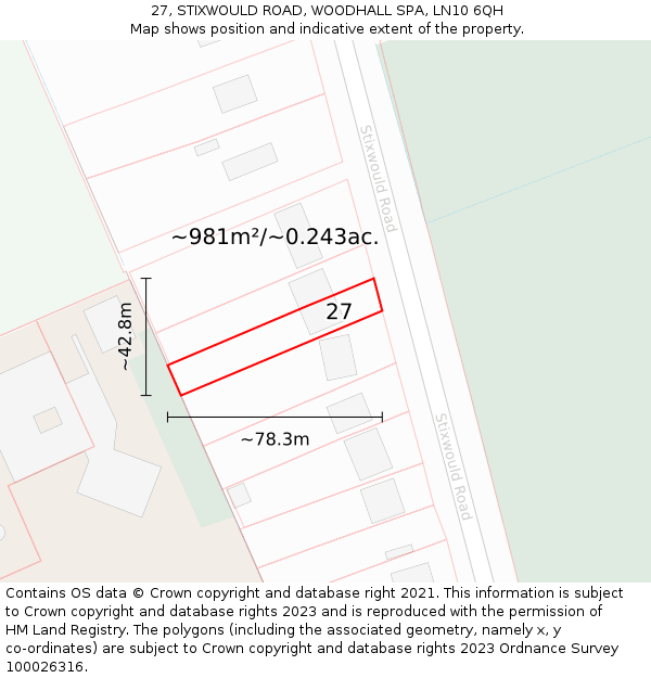 27, STIXWOULD ROAD, WOODHALL SPA, LN10 6QH: Plot and title map