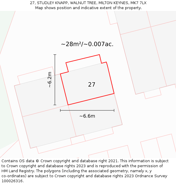 27, STUDLEY KNAPP, WALNUT TREE, MILTON KEYNES, MK7 7LX: Plot and title map