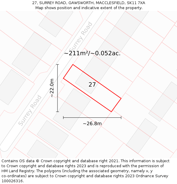 27, SURREY ROAD, GAWSWORTH, MACCLESFIELD, SK11 7XA: Plot and title map