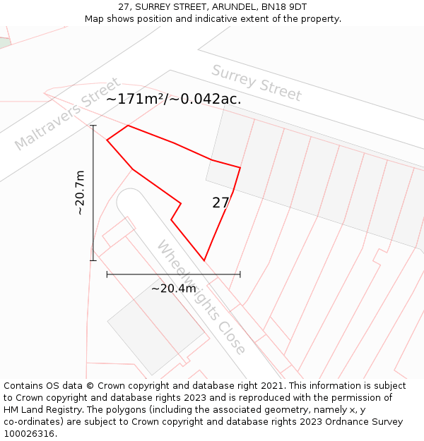 27, SURREY STREET, ARUNDEL, BN18 9DT: Plot and title map