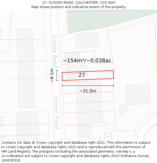 27, SUSSEX ROAD, COLCHESTER, CO3 3QH: Plot and title map