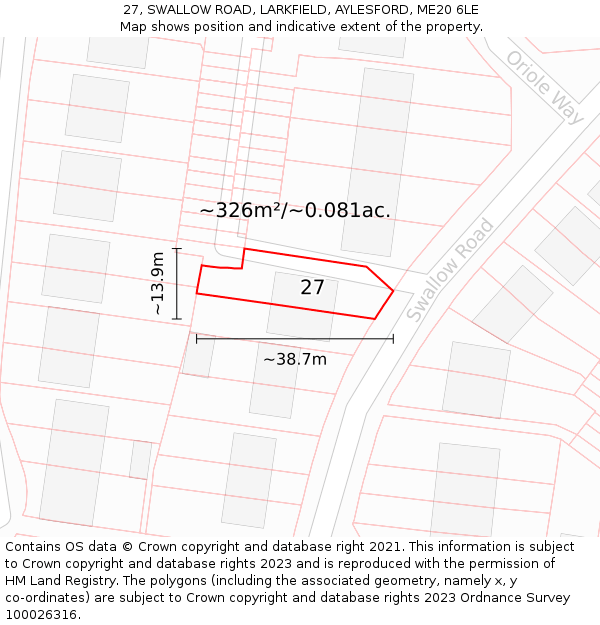 27, SWALLOW ROAD, LARKFIELD, AYLESFORD, ME20 6LE: Plot and title map