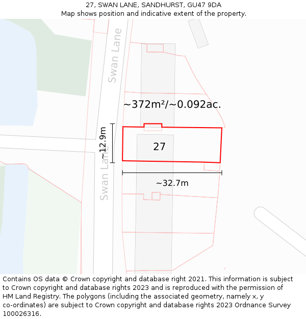 27, SWAN LANE, SANDHURST, GU47 9DA: Plot and title map