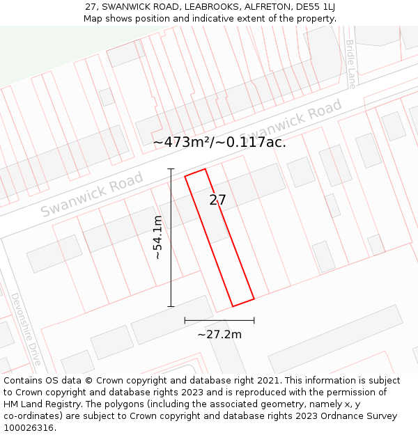 27, SWANWICK ROAD, LEABROOKS, ALFRETON, DE55 1LJ: Plot and title map