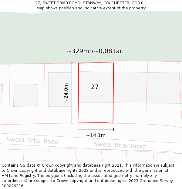 27, SWEET BRIAR ROAD, STANWAY, COLCHESTER, CO3 0HJ: Plot and title map