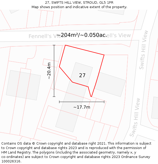 27, SWIFTS HILL VIEW, STROUD, GL5 1PR: Plot and title map