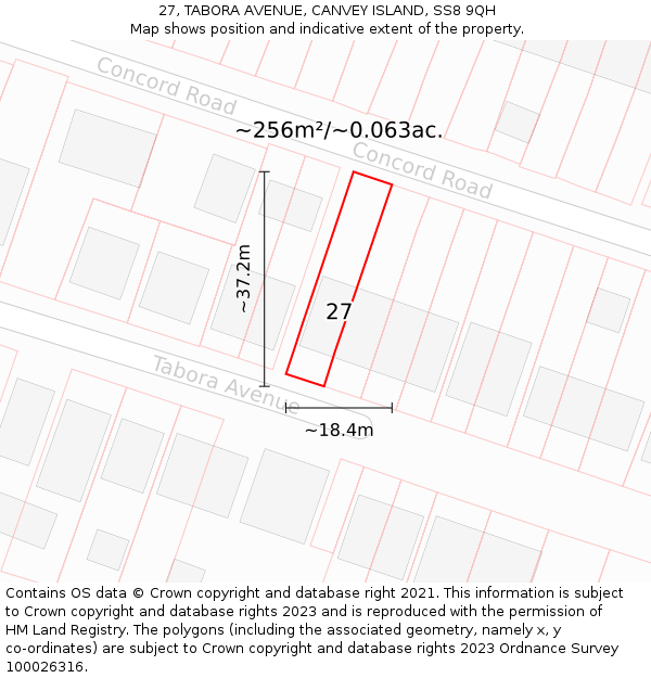 27, TABORA AVENUE, CANVEY ISLAND, SS8 9QH: Plot and title map