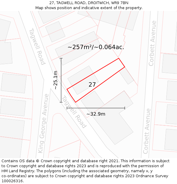 27, TAGWELL ROAD, DROITWICH, WR9 7BN: Plot and title map