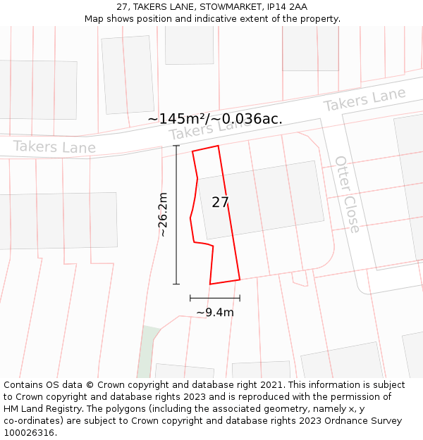 27, TAKERS LANE, STOWMARKET, IP14 2AA: Plot and title map