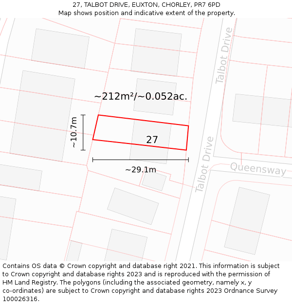 27, TALBOT DRIVE, EUXTON, CHORLEY, PR7 6PD: Plot and title map